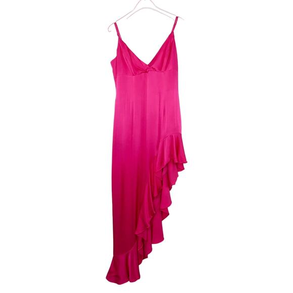 Revolve Bardot Ember Midi Dress Hot Pink High Low Asymmetrical V-Neck Large Sexy - Picture 5 of 14